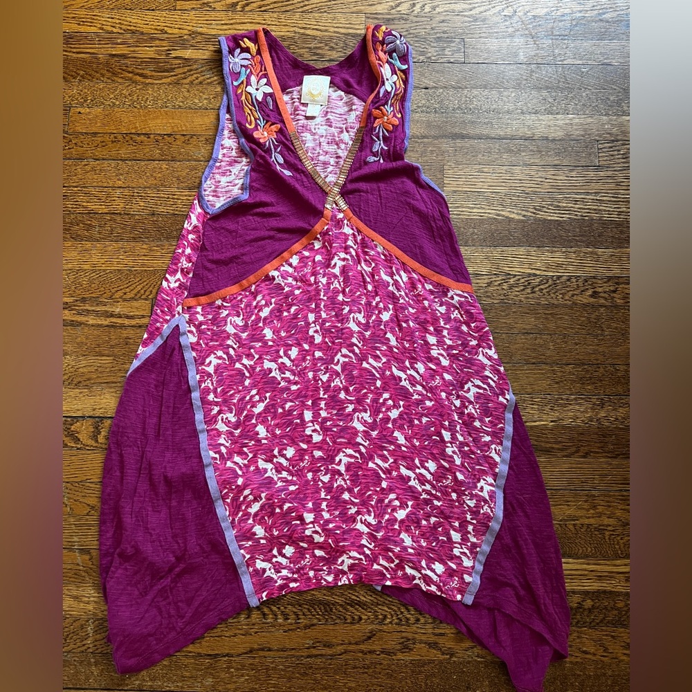 Ric Rac Anthropologie Fuchsia Boho India Long Tunic Floral Embroidered Sz S